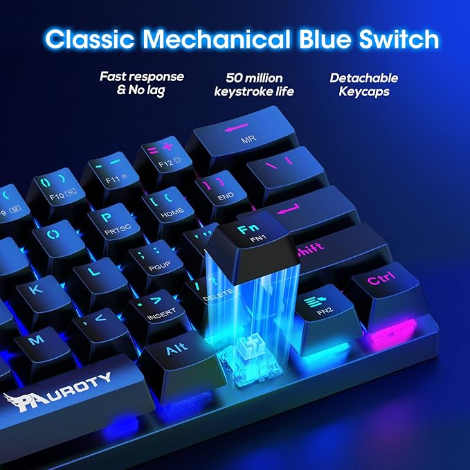 Pauroty 60% Wireless Mechanical Keyboard, Triple Mode 2.4G/USB-C/Bluetooth Gaming Keyboard, RGB Backlit, Clicky Blue Switch, 61 Keys Rechargeable Mini Wireless Keyboard for iPad Mac PC Xbox