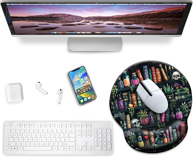 Mouse Pad with Wrist Rest, Goth Ergonomic Mouse Pads Wrist Support for Desk, Funny Skull Gothic Gaming Mousepad for Wireless Mouse Computer Work Home Desk Accessories Office Supplies Witchy Book