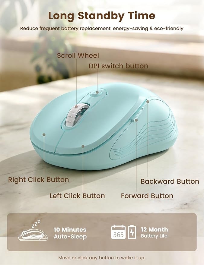 WisFox 2.4G Wireless Mouse for Laptop, Ergonomic Computer Mouse with USB Receiver and Type-C Adapter, 3 Adjustable Levels DPI, 6 Button Cordless Wireless Mice (Baby Blue)