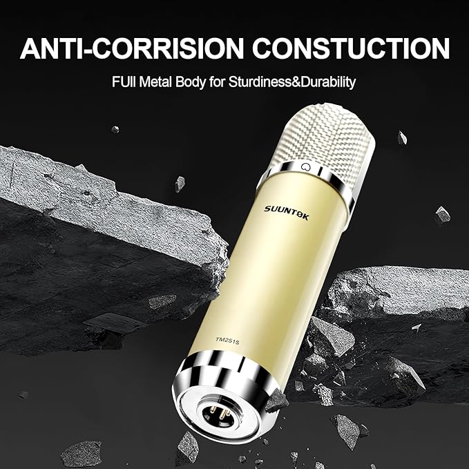 FET Condenser Microphone Professional XLR Studio Microphone with 34mm Large Diaphragm, Cardioid Recording Mic Computer Gaming PC TM251S Mic Kit for Singing, Podcasting, YouTube (Yellow)