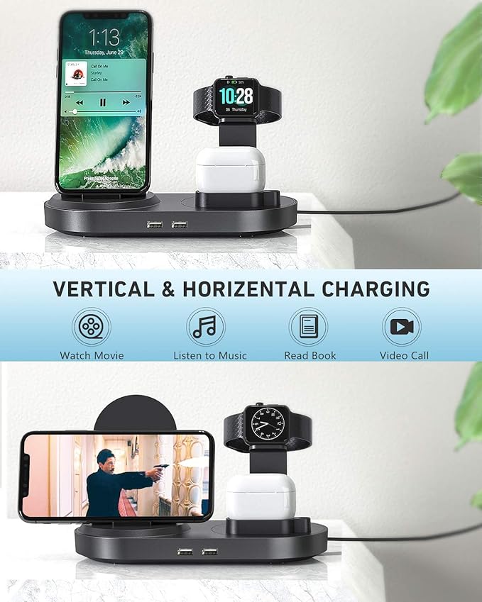 4 in 1 Wireless Charging Station, Fast Charging Dock Stand with 2 USB Ports for Apple Watch, AirPods, Cell Phones, Wireless Charger Compatible with iPhone 12/13/14/15/16 (Gary)