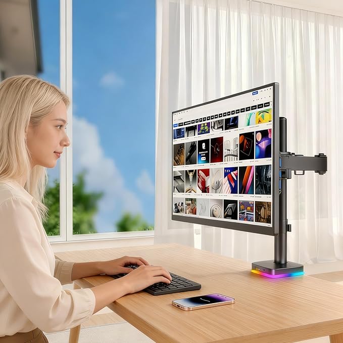 Afaloona RGB Single Monitor Stand, Monitor Arm with 3 USB Ports, Charging and USB Data Transfer Function, Adjustable Desk Mount for 13-27" Monitors up to 17.6lbs, VESA 75x75-100x100mm,Ergonomic Design