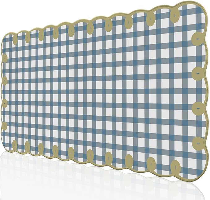 Cute Blue Green Scalloped Desk Mat Checkered Large Mouse Pad Kawaii Vintage Farmhouse-Inspired Cottagecore Office Desk Decor Stitched Nonslip Pad for Computer Keyboard & Mouse 31 * 15.7in