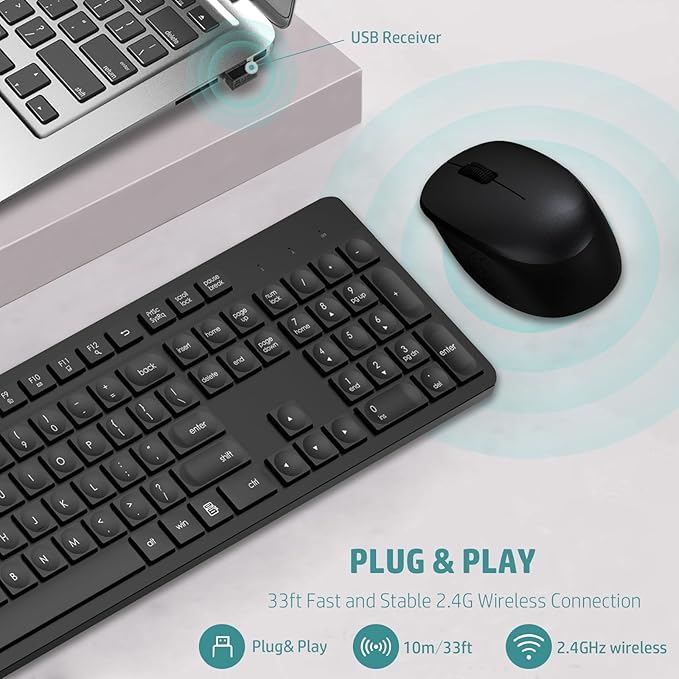 LeadsaiL Wireless Keyboard and Mouse Combo, Full-Sized Ergonomic Computer Keyboard, 2.4GHz Cordless Keyboard Silent Mouse Set with 2-in-1 USB Receiver, 12 FN Shortcuts for Windows Laptop, PC/Mac-Black