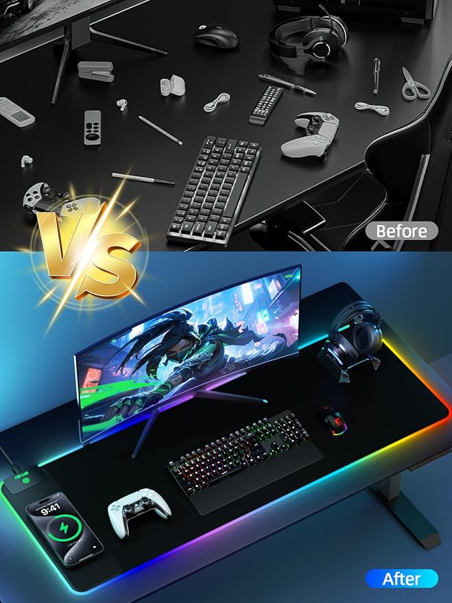 Wireless Charging Mouse Pad, 31.5"x11.81" XL Gaming Mousepad with 11 RGB Colors & 5 Lighting Modes, Home Office Large Desk Pad, Ultra-Smooth Surface, Non-Slip, Waterproof Keyboard Pad Black Desk Mat