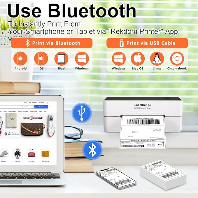 Ecommerce Label Printer 4x6, Thermal Shipping Label Printer, Support Amazon, Ebay, USPS, Pirate Ship, Bluetooth and USB Connection