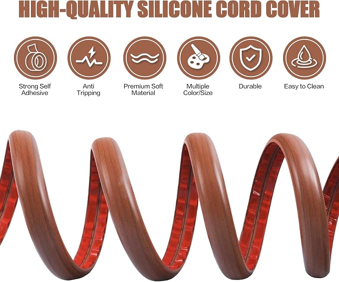 Floor Cord Cover Self Adhesive Cord Hider,10FT Cable Management, Extension Strip Protector for Wires, Prevent Cable Trips for Offices, Gyms, Exhibitions Cavity:0.39"(W) x 0.27"(H) Wood Red Teak - Image 3