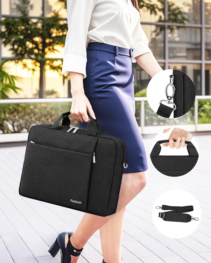 Ferkurn Laptop Bag Case for Women Men Computer Bag Compatible with HP Envy Pavilion Omen/LG Gram/MSI/Dell Inspiron XPS/Lenovo/Acer, Shoulder Strap Carrying Messenger Briefcase, Black, 15.6 16 Inch