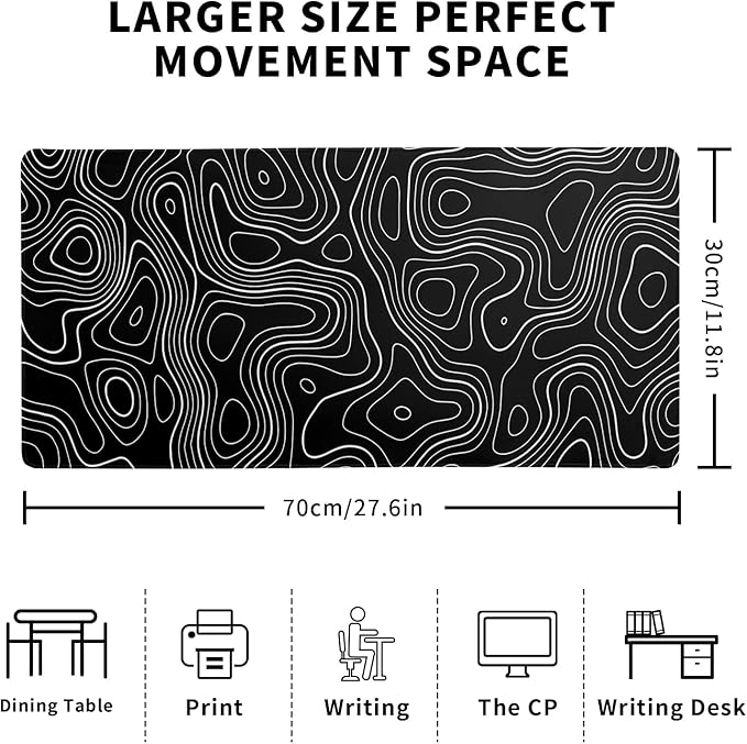 Topographic Contour Gaming Mouse Pad Black Large Mouse Pad for Keyboard and Mousepad Desk Mat with 3mm Non-Slip Base and Stitched Edge for Gaming and Office Computer Mat Protector Mat 27.6x11.8 Inch