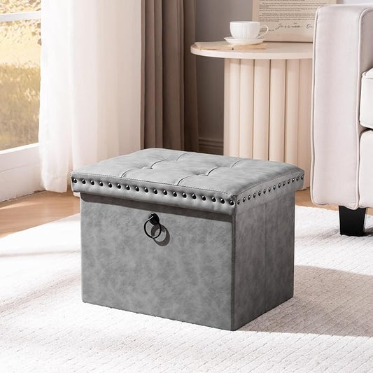 oakvivo Storage Ottoman Cube 16x12x12 inches, Small Faux Leather Tuffed Foot Rest Stool with Rivet Design, Foldable Ottomans Footstool, Box Chest for Bedroom, Entryway, Load 242 lb, Grey