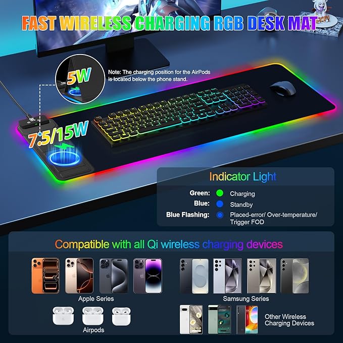 RGB Mouse Pad with Foldable Phone Stand & Wireless Charger, 31.5"x11.8" XL Gaming Mousepad Large Desk Mat, Desk Pad with Dual Charging for Phone & AirPods | 11 Colors & 5 Modes | Waterproof