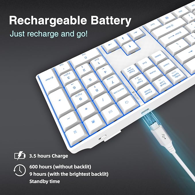 Wireless Backlit Keyboard Quiet - Computer Rechargeable Ergonomic Light UP Keyboard, Silent Keys Full Size Compatible for Windows, Desktop, Laptop, PC, Gaming, PS5 - White