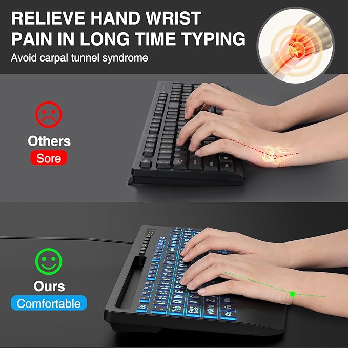 SABLUTE K21 Pro Large Print Backlit Keyboard, Wired USB Computer Keyboards with 7-Colors Backlight, Wrist Rest, Phone Holder, Oversized Letter Keys Easy to See and Type for Laptop, PC, Windows, Black