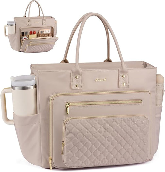 LOVEVOOK Teacher Tote Bag for Women Work, Laptop Bag With Large Cup Holder, Nurse Bags Professional Briefcase Business Computer Purses Handbag,Light Pink,17.3 Inch