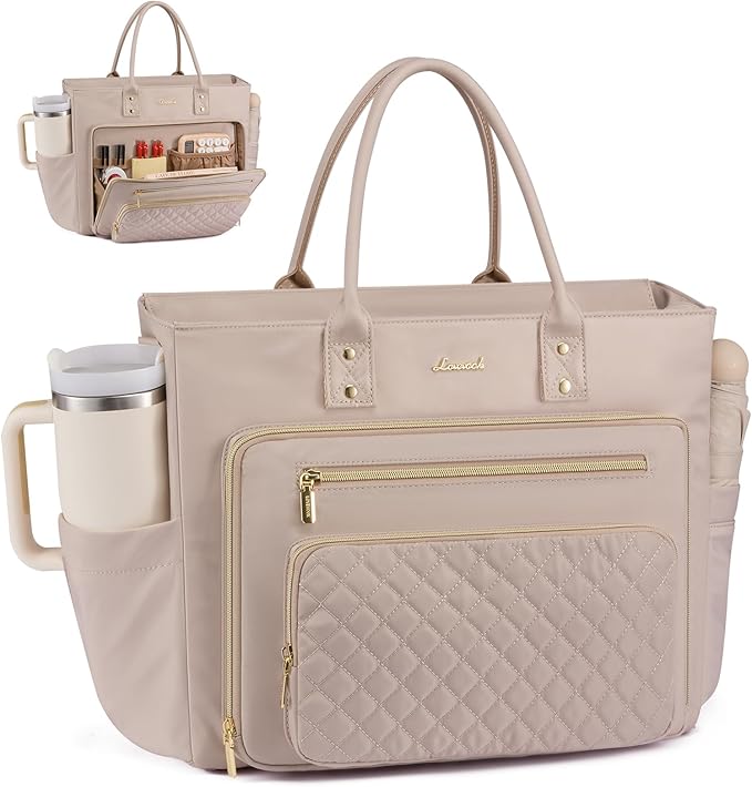 LOVEVOOK Teacher Tote Bag for Women Work, Laptop Bag With Large Cup Holder, Nurse Bags Professional Briefcase Business Computer Purses Handbag,Light Pink,15.6 Inch