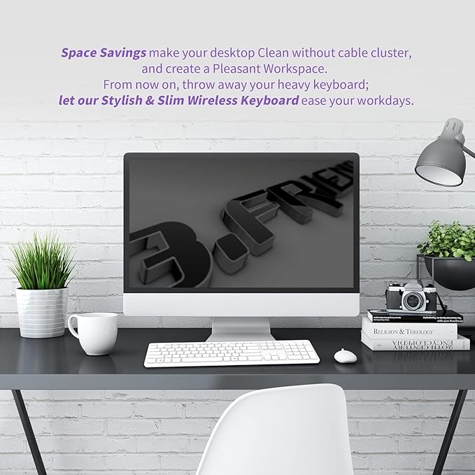 Slim Wireless Keyboard for Mac and Windows, Ultra Quiet Low-Profile Flat Key Board with Full-Size Keys, 2.4GHz Wire Less for PC, Mac, Windows 11/10/8/7 (Wireless Keyboard White)