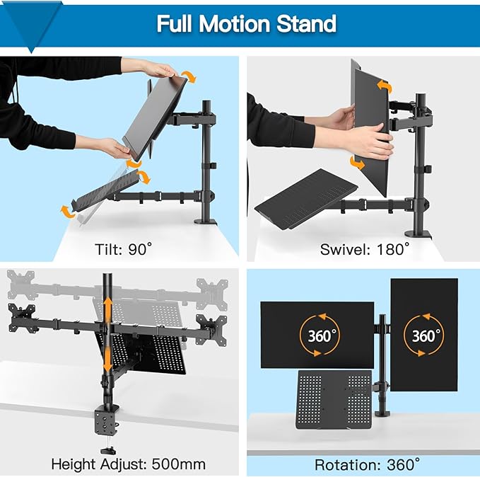 HUANUO Laptop Mount, Height Adjustable Dual Monitor Mount with Laptop Keyboard Tray Fit Two 13 to 27 Inch Flat Curved Computer Screens and 10 to 17 Inch Notebooks