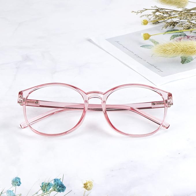 LifeArt Round Blue Light Blocking Glasses, Computer Glasses, Gaming Glasses, TV Glasses for Women Men (Clear Pink, 3.25 Magnification)
