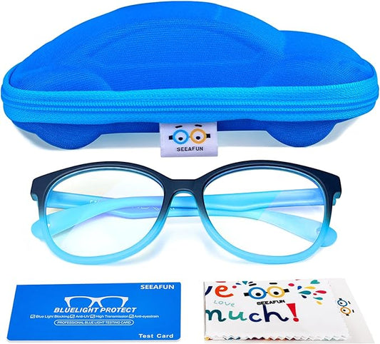 Blue Light Glasses for Kids Girls Boys with Cute Car Case, UV400 Protection, Anti Blue Ray Age3-12