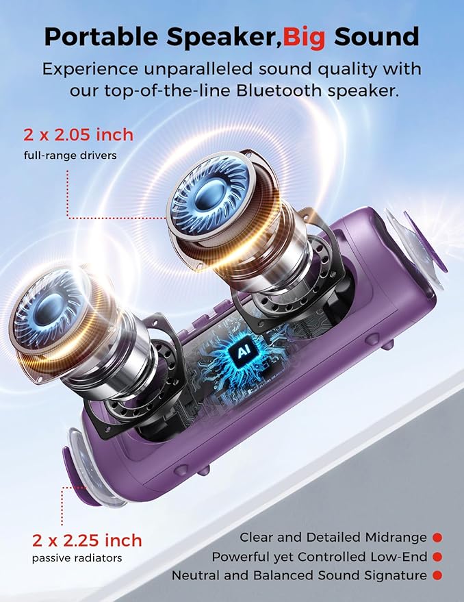Bluetooth Speaker with HD Sound, Portable Wireless, IPX5 Waterproof, Up to 20H Playtime, TWS Pairing, BT5.3, for Home/Party/Outdoor/Beach, Electronic Gadgets, Birthday Gift (Purple)