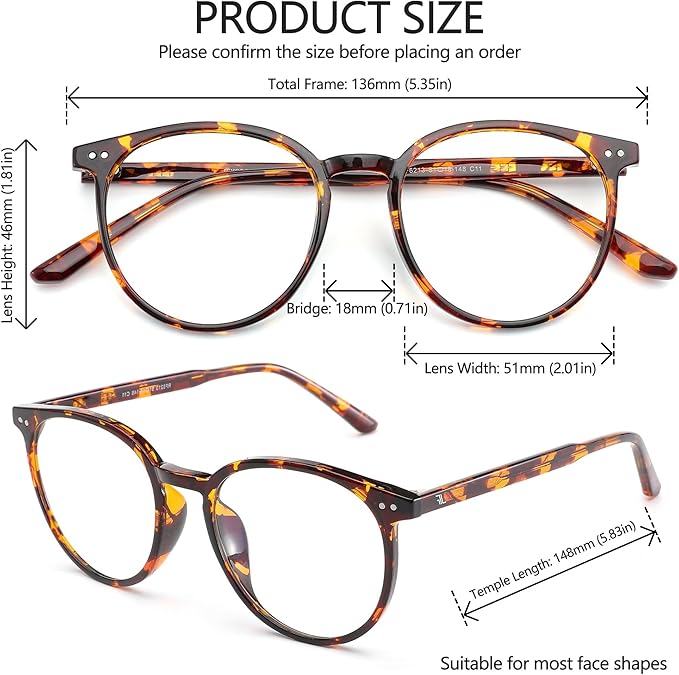 2 Pack Blue Light Blocking Glasses for Women and Men, Round Frame Computer Gaming Anti Eyestrain & UV Glare RF6213 (Black + Coco Tortoise)