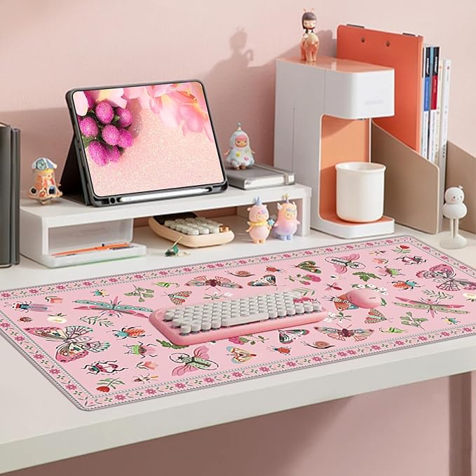 Baziabbo Pink Desk Mat,XXL Extended Large Mouse Pad,Cute Gaming Mousepad with Stitched Edge,Non-Slip Rubber Base Keyboard Desk Pad for Home Office Study Game