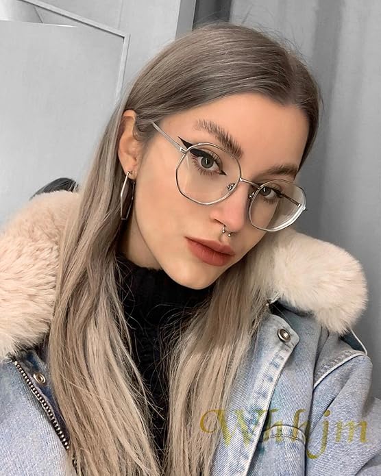 Polygon Blue Light Blocking Glasses for Women Men Retro Octagon Square Non-prescription Metal Frame Eyeglasses