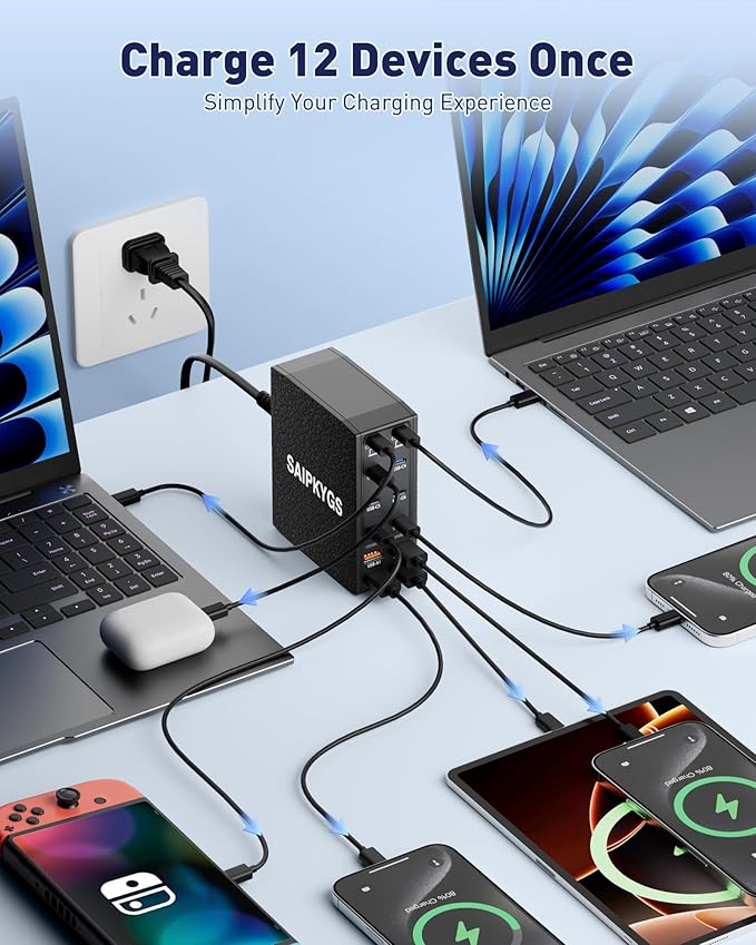 USB Charging Station (800W),12-Port USB C Charger Block with Dual 100W PD USB-C Fast Charging Station Hub for MacBook Pro/Air/All iPad Phone 17/16 15/14/13/Pro Max/Samsung Galaxy Note (Black)