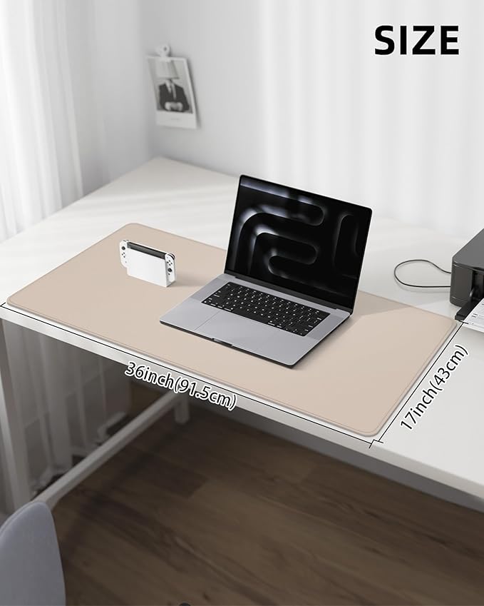Desk Pad PU Leather Large Mouse Pad Laptop Computer Desk Mat Table Blotter Waterproof Non-Slip Desktop Protector Durable Writing Pad for Office and Home (Beige, 90x43cm)