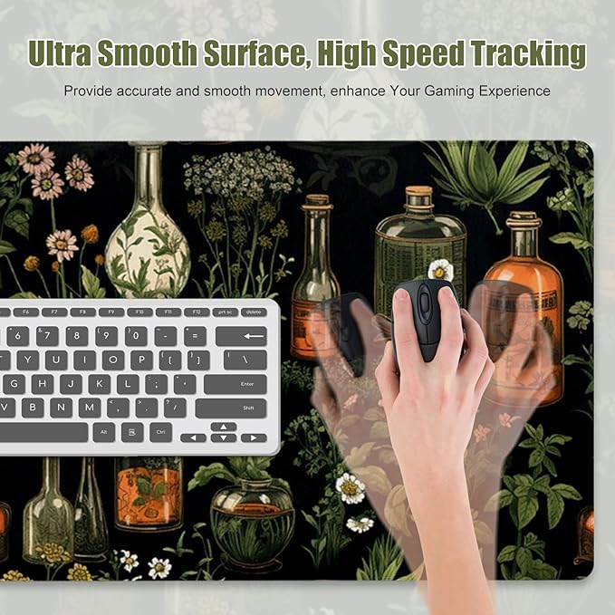Mystical Green Plants Desk Matt for Desktop, DeskMat Pad, Desk Mat for Keyboard and Mouse, Large Mouse Pad for Desktop, Anti-Slip Stitched Edges Big Mousepad, Mouse Mat for Computer, Botanical Pattern