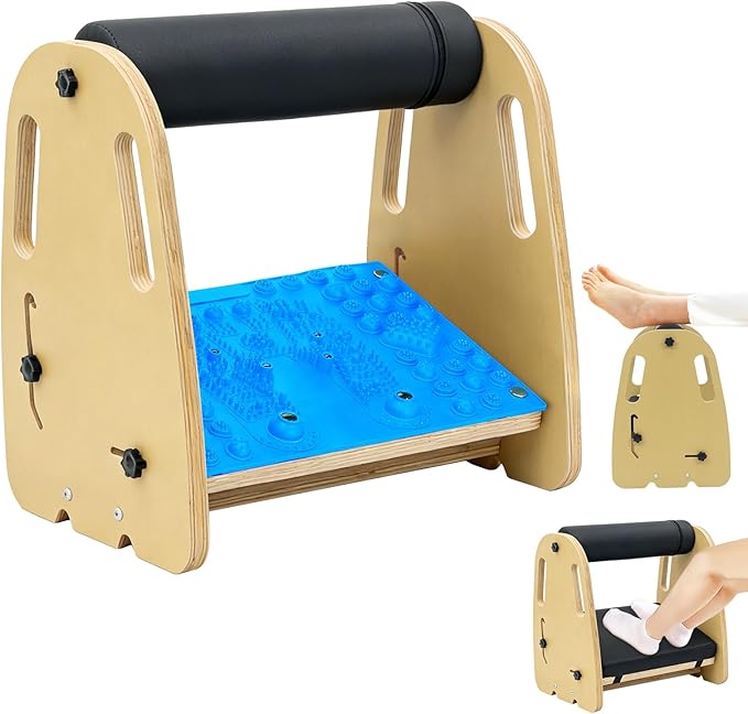 Double-Layer Wooden Foot Stool for Under Desk Foam Roller Top + Cushioned Bottom with Replaceable Massage Pad Ergonomic Design Suitable for Office, Home, Gaming All Seasons Use (Blue)