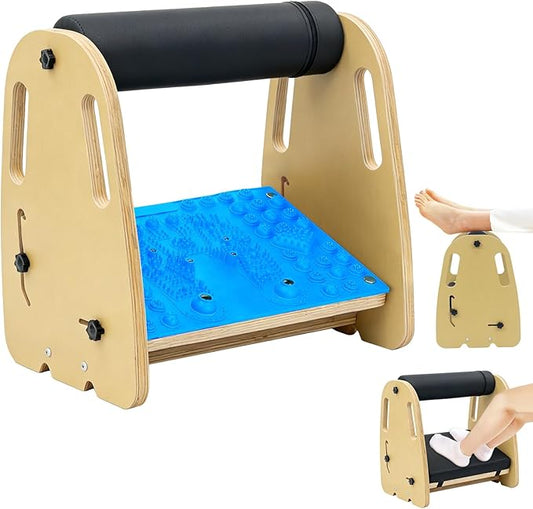 Double-Layer Wooden Foot Stool for Under Desk Foam Roller Top + Cushioned Bottom with Replaceable Massage Pad Ergonomic Design Suitable for Office, Home, Gaming All Seasons Use (Blue)