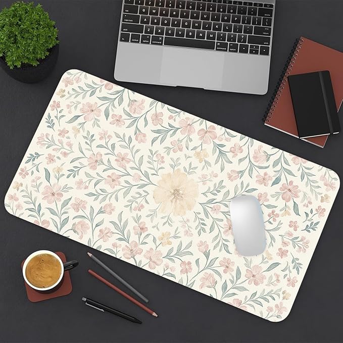 Large Mouse Pad, Light Pink Flowers Desk Mat for Desktop, Women Girls Flowers PU Leather Waterproof Desk Pad, Computer PC Laptop Protector Gaming Mouse Pads for School Office Home 31.5" x 15.7"