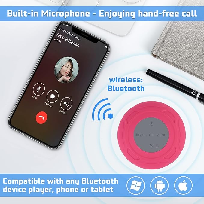 Waterproof Bluetooth Shower Speaker Portable Wireless Water-Resistant Speaker Suction Cup,Built-in Mic Gifts for Kids Speakerphone for iPhone Phone Tablet Bathroom Kitchen - Pink