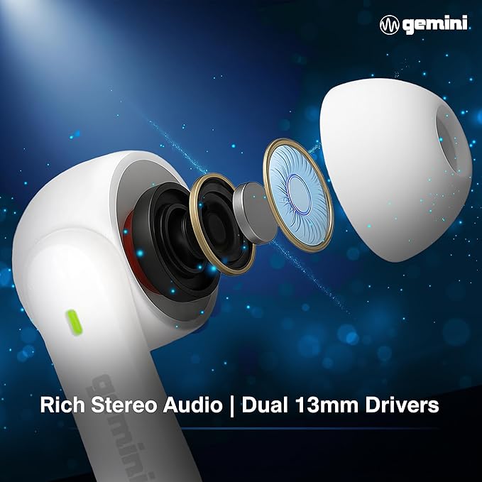 Gemini True Wireless Earbuds Bluetooth 5.4 – 13mm Drivers, USB-C, Touch Control, Stemmed Design, Built-in Mic for Calls, Fast Pairing for iPhone Android (GEBX-100)