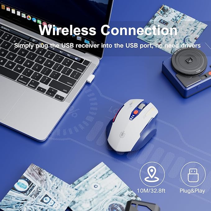 Uineer Wireless Mouse, [Upgraded] Visible Battery Display???Rechargeable Laptop Mice 2.4G USB, 4 Adjustable DPI Levels,Optical Rat??n Wireless for Laptop PC Computer,White and Blue