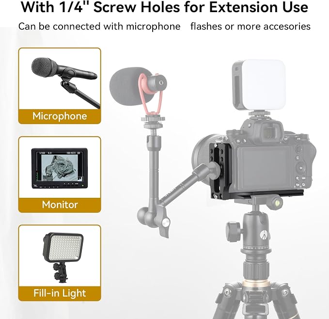 UTEBIT Camera L Bracket with 1/4'' Screw Hole, Vertical Horizontal Switching Tripod Mount with Quick Release Plate, Compatible with Canon Nikon Sony DJI Osmo Stabilizer Tripod Monopod, Black - Image 4