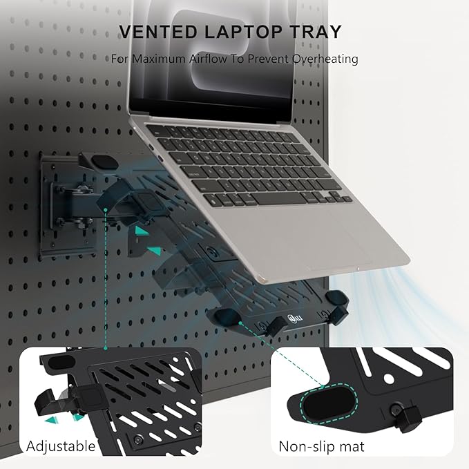 WALI Laptop Desk Mount for 15.6 inch Notebook, Adjustable Single Pegboard Mount with Laptop Holder, Laptops Stand with Ventilated Tray, Up to 11 Lbs, (PM00LP), Black