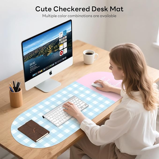 Checkered Pattern Desk Pad Protector, 35.5 x 13'' Aesthetic Mouse Mat for Desktop, Waterproof PU Leathe Non-Slip Desk Writing Pad for Office and Home, Blue and Pink