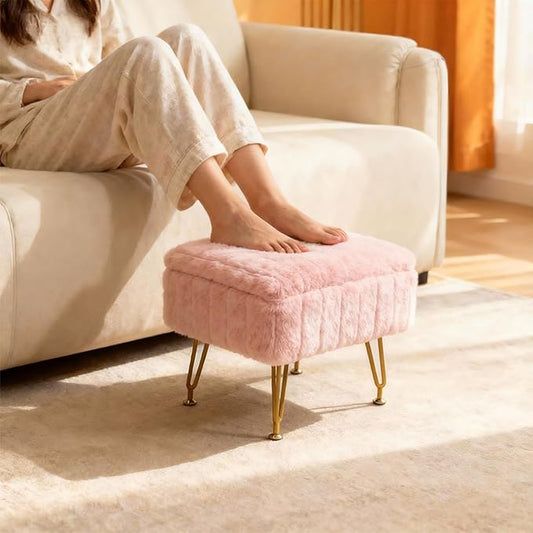 ACEQLYT® Small Foot Stool, Small Ottoman with Storage, Pink Furry Footstool with Soft Padded Seat & Gold Metal Leg
