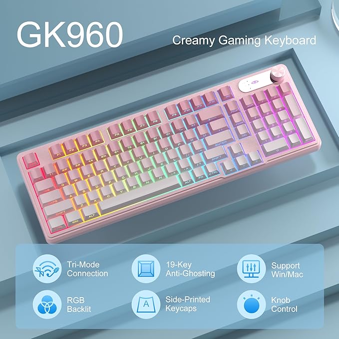 MageGee GK960 Wireless Gaming Keyboard, RGB Tri-Mode Wired/BT/2.4G Creamy Keyboard with Number Pad, 4000mAh Battery, Knob Control, Side Printed Keycaps, 19-Key Anti-Ghosting for Win/Mac (Pink & White)