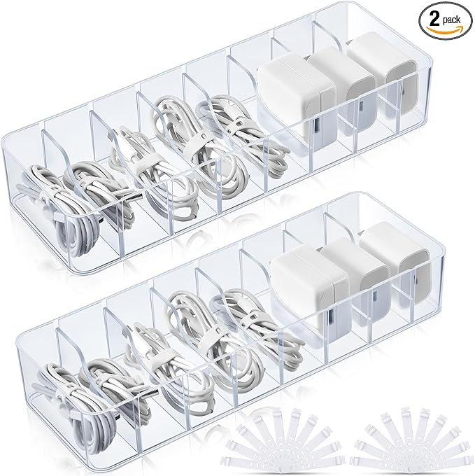 Tatuo 2 Pcs Cable Organizer with 20 Wire Ties, Plastic Cord Storage Charger Box Electronics Organizer with Adjustment Compartments Cable Storage for Drawer Home Office Desk Accessories (Clear)