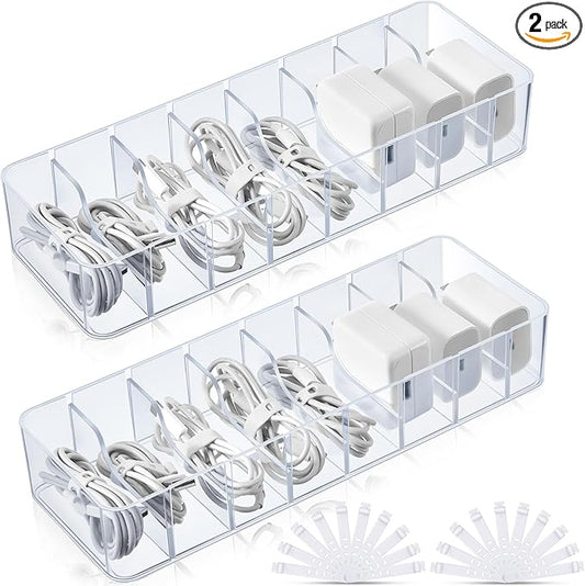 Tatuo 2 Pcs Cable Organizer with 20 Wire Ties, Plastic Cord Storage Charger Box Electronics Organizer with Adjustment Compartments Cable Storage for Drawer Home Office Desk Accessories (Clear)