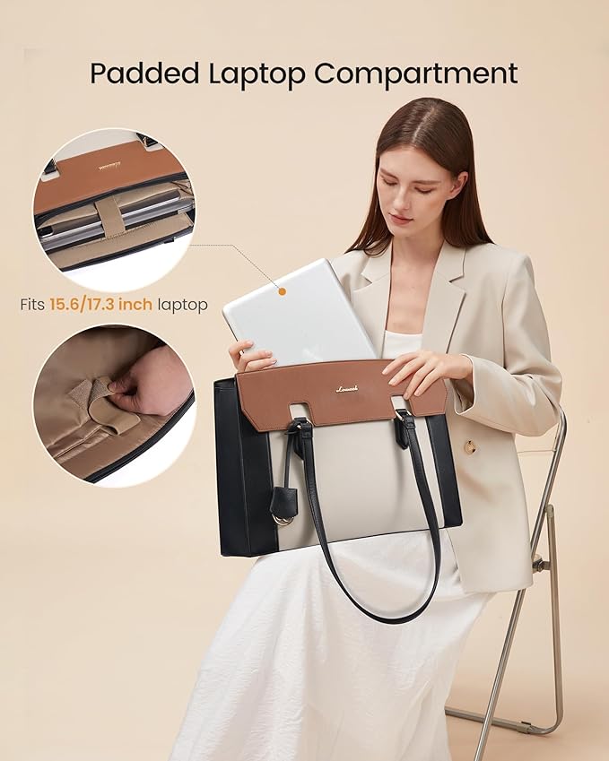 LOVEVOOK Laptop Tote Bag for Women,Computer Work Bag With Large Cup Holder,17.3 Inch Waterproof PU Leather Purse Briefcase for Teacher