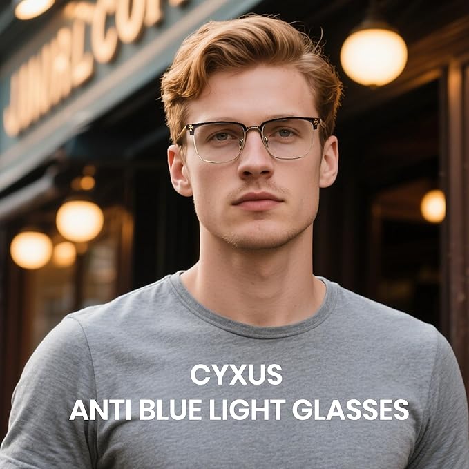 Cyxus Retro Blue Light Glasses Men - Square TR90 Metal Blowline Frame Stylish Trendy for Computer Daily Work 8252