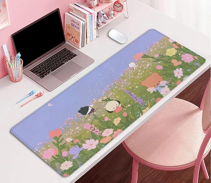 Flower Desk Pad Mouse Pad，Large Cartoon Cute Mouse Pads with Stitched Edges,Non-Slip Waterproof Rubber Base,Kawaii Nature Desk Mat for Desktop,Keyboard Pad for Office Home Work(27.5X11.8 in)