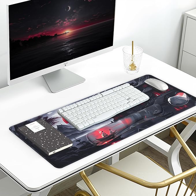 3-in-1 Large Gaming Mouse Pad, Anime Mouse Pad & Keyboard Wrist Rest Support, Memory Foam Ergonomic, Japanese Red Moon Desk Mat Set for Home Office Study Game, 31.5 X 11.8 Inch