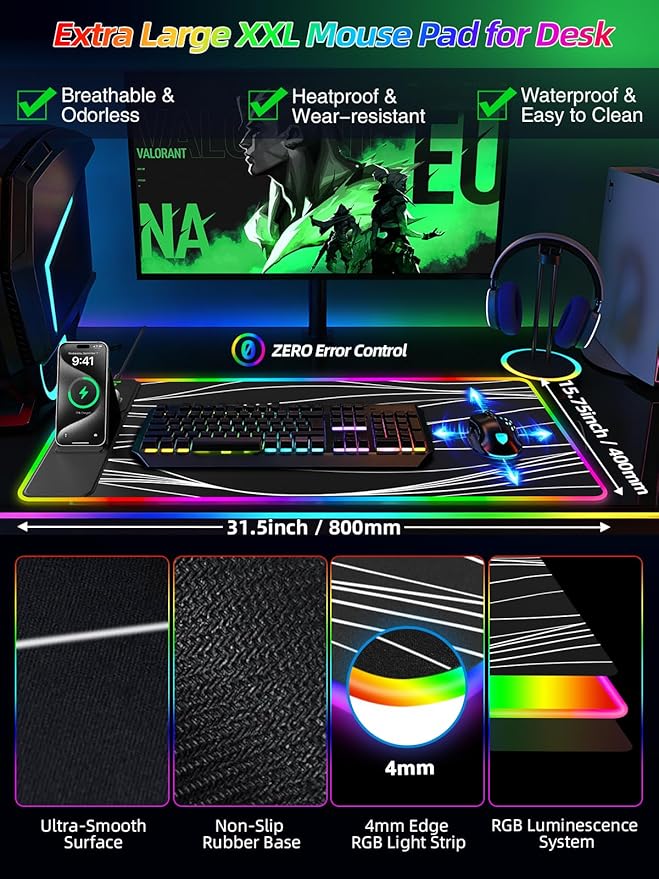 Mouse Pad with Adjustable Phone Stand Dual Wireless Charger, 15W Fast Charging Desk Mat, Extra Large 31.5x15.75 Waterproof Desk Pad for iPhone Samsung Air-Pods, Gaming Mousepad w/ 11&4 RGB