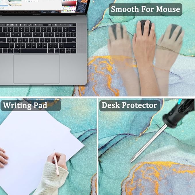 Large Desk Mat, Dual Side PU Leather Waterproof Mousepad Desk Pad, Desk Protector Writing Pads Desk Accessories for Office and Home (B-Green Marble, 24''X14'')