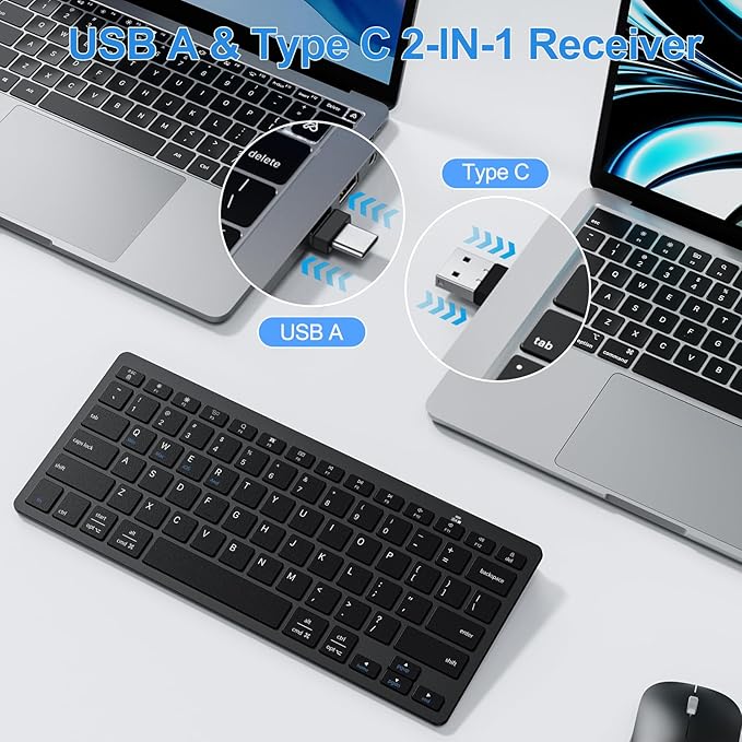 OMOTON 2.4G Wireless Keyboard, Ultra-Slim Compact Mini Keyboard with Type-C & USB-A Receiver, Compatible with Desktop Laptop Tablet PC Smart TV and Windows 11/10/8/7 - Black